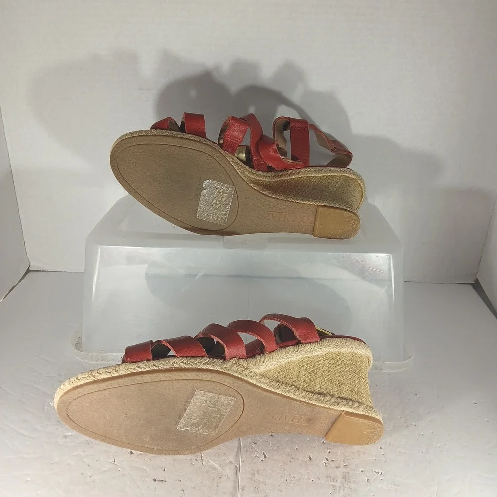 Chaps Espadrille Wedge Sandals 8B Red Strappy Buckle Summer Preppy Boho